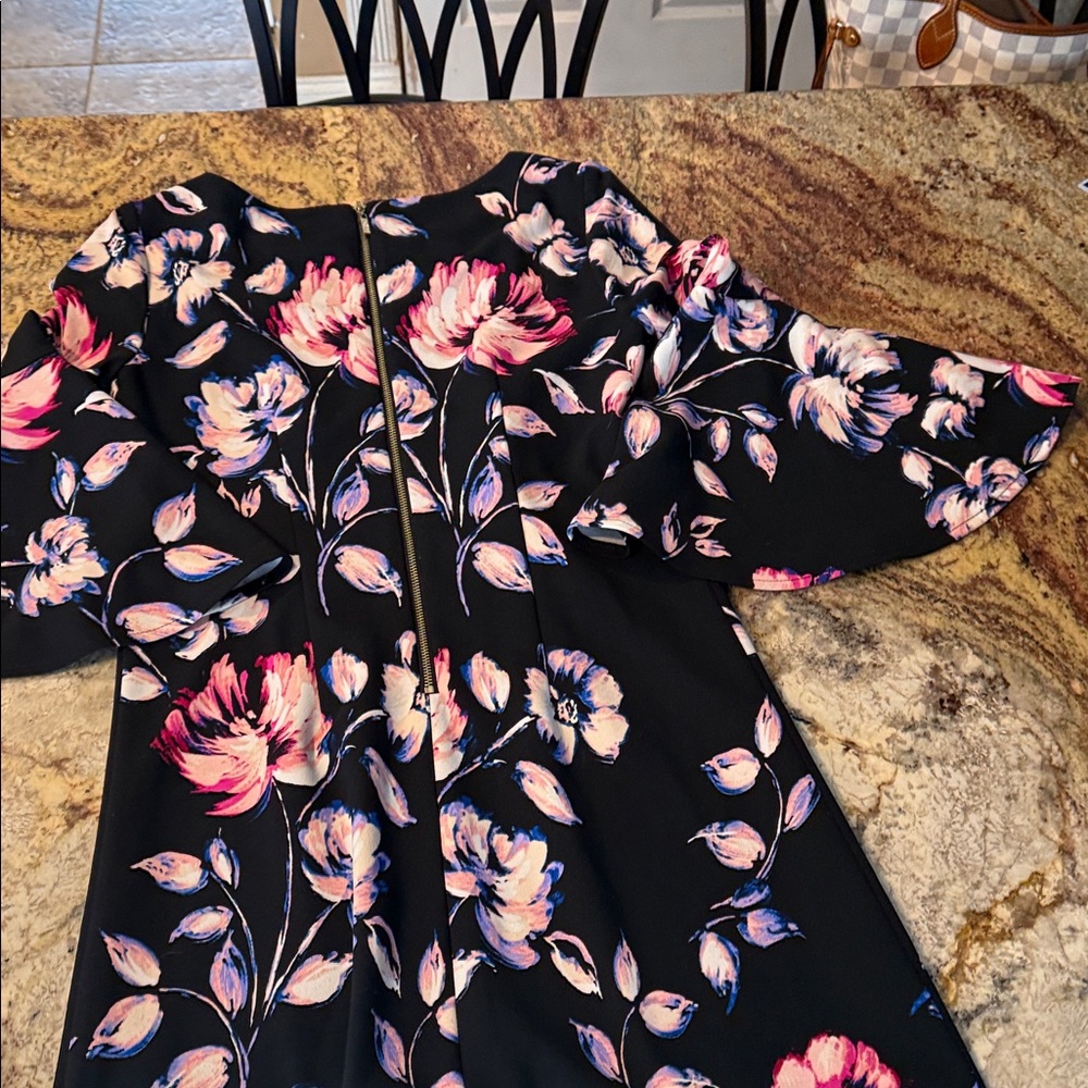 Eliza J Black Dress with Pink Floral and Bell Sleeves - Picture 4 of 4